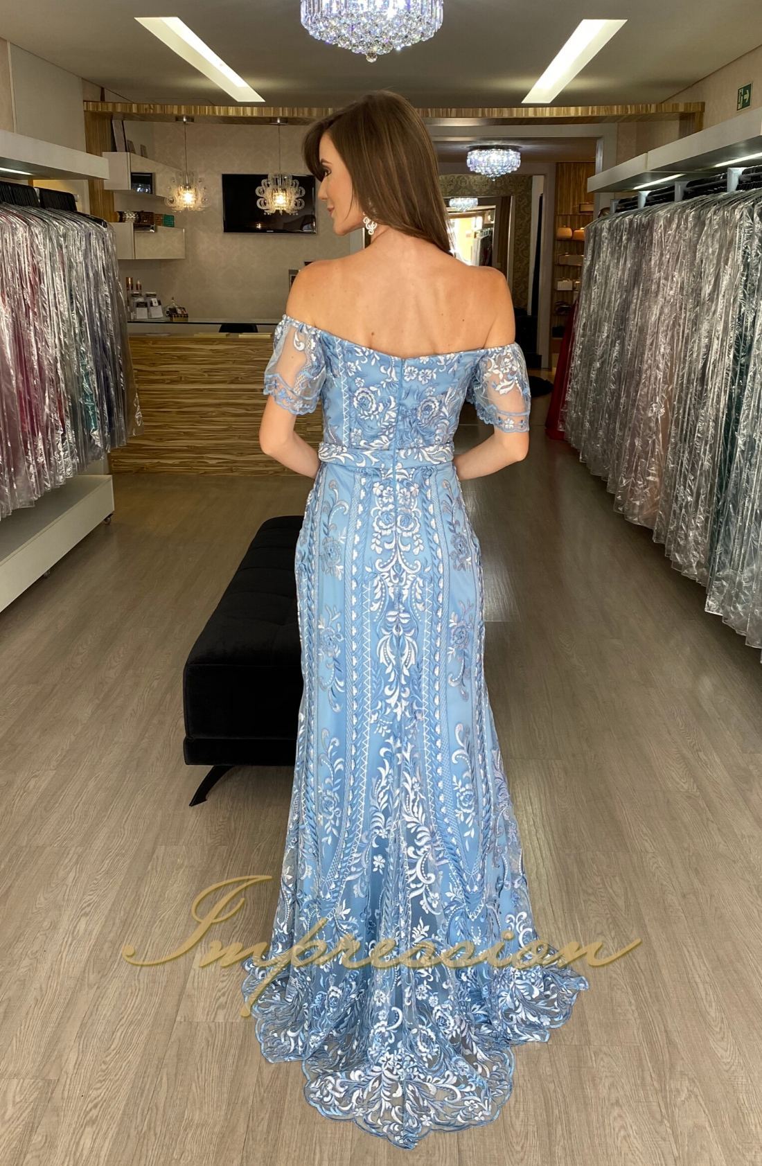 Vestido de Festa Longo Azul com Branco Ombro a Ombro | Impression Modas