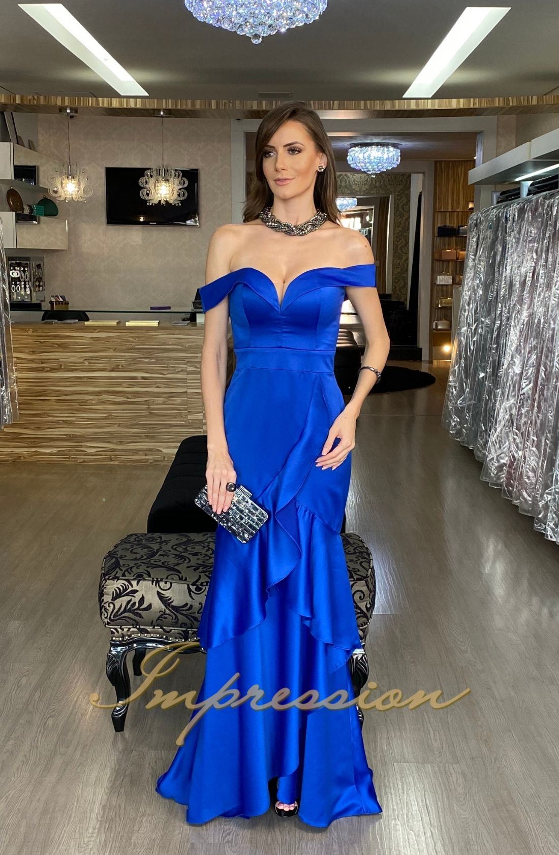 Vestido de Festa Longo Sereia Cetim Azul Royal - Impression Modas