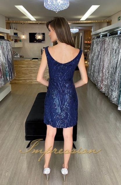 Vestido de Festa Curto Azul Marinho em Paetês - Image 3