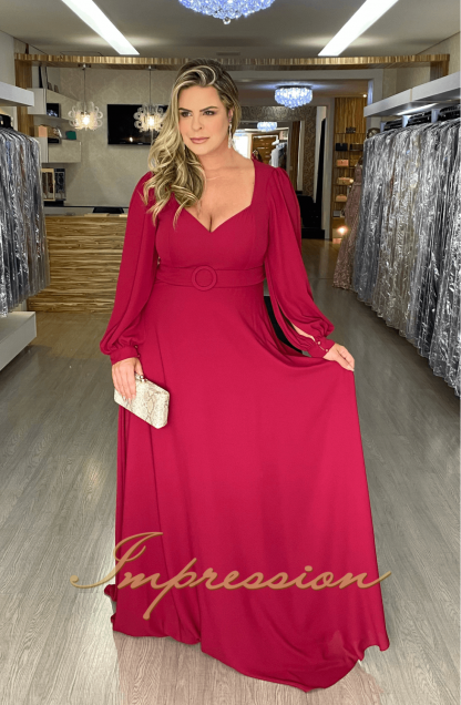 Vestido de Festa Longo Plus Size Marsala Manga - Imagem 2
