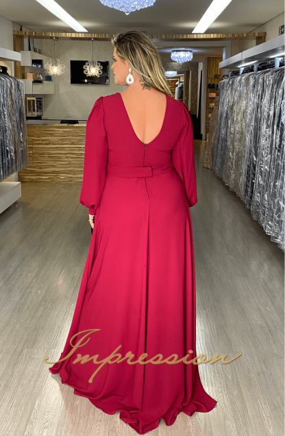 Vestido de Festa Longo Plus Size Marsala Manga - Imagem 3