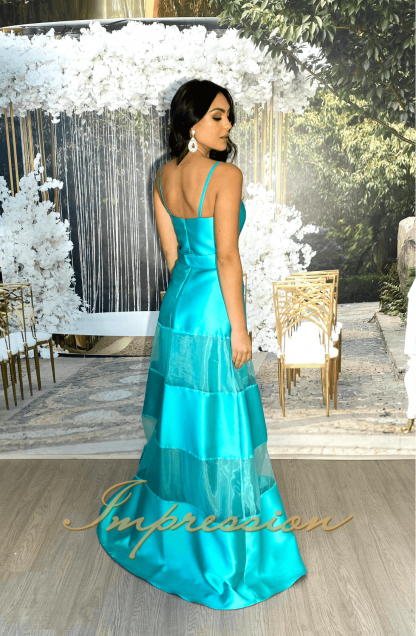 Vestido de Festa Longo Verde Tifany Zibeline e Organza - Image 3