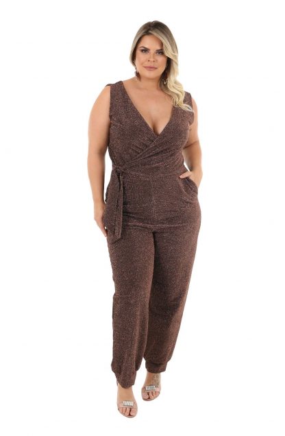Macacão de Festa Longo Plus Size Bronze Lurex
