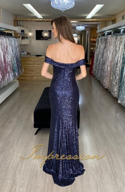 Vestido de Festa Longo Azul Marinho em Paetês com Fenda - Image 3