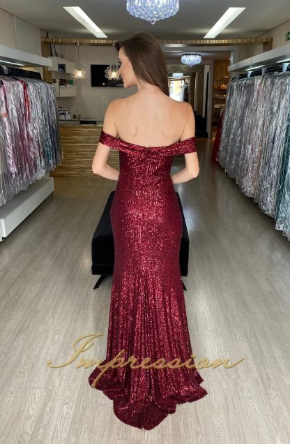 Vestido de Festa Longo Marsala em Paetês com Fenda - Image 3