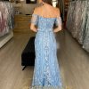 Vestido de Festa Longo Azul com Branco Ombro a Ombro - Image 3