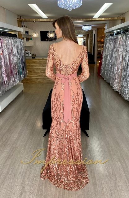 Vestido de Festa Longo Rose em Paetês com Manga - Image 3