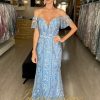 Vestido de Festa Longo Azul com Branco Ombro a Ombro - Image 2