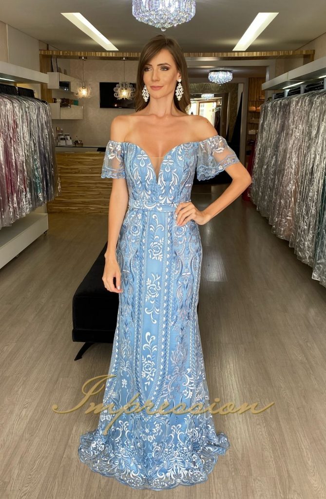 Vestido de Festa Longo Azul com Branco Ombro a Ombro | Impression Modas