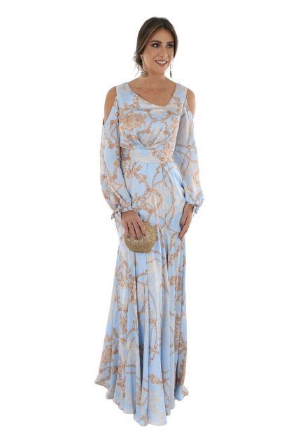 Vestido de Festa Longo Azul Estampado