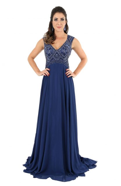 Vestido de Festa Longo Azul Marinho Bordado