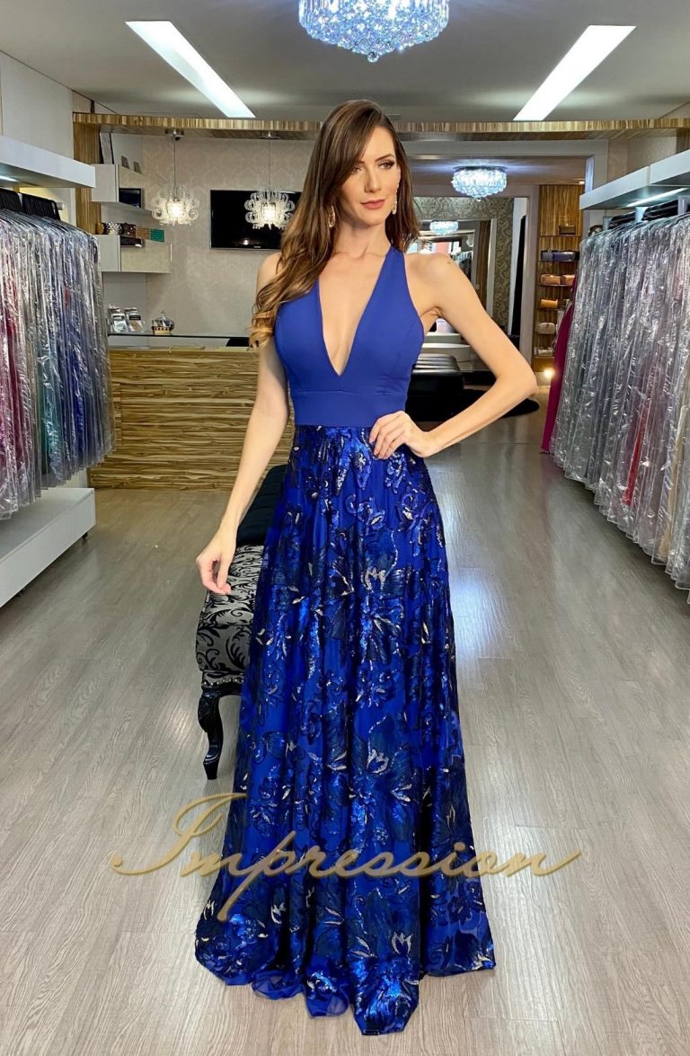 Vestido de Festa Longo Azul Royal com Paetes – Impression Modas