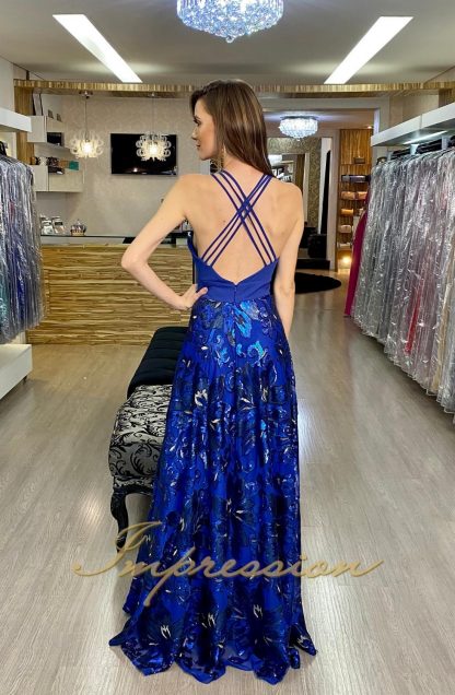 Vestido de Festa Longo Azul Royal com Paetes - Image 3