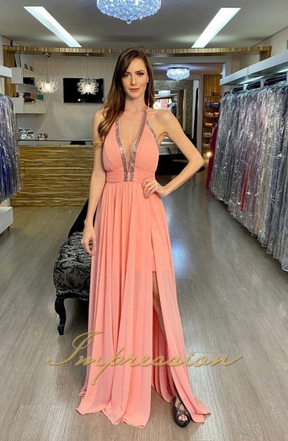 Vestido de Festa Longo Coral Bordado - Imagem 2