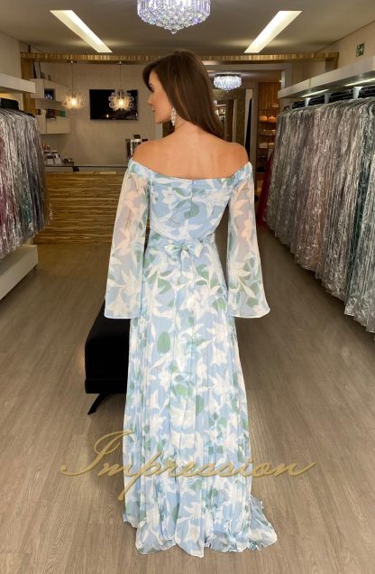 Vestido de Festa Longo Azul Estampado Ombro a Ombro - Image 3