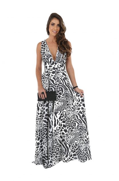 Vestido de Festa Longo Estampado Black White