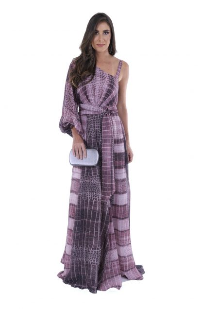 Vestido de Festa Longo Estampado Rosa Antigo