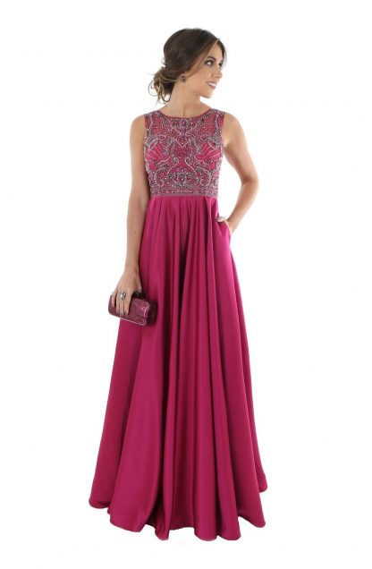 Vestido de Festa Longo Fúcsia Pedraria