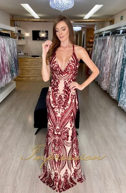 Vestido de Festa Longo Marsala em Paetês - Image 2