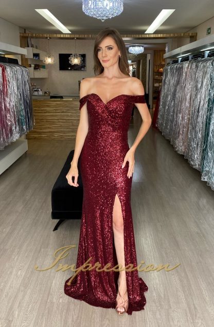 Vestido de Festa Longo Marsala em Paetês com Fenda - Image 2