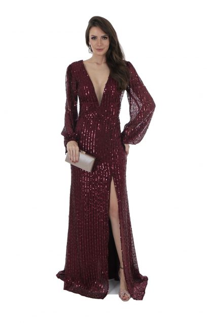 Vestido de Festa Longo Marsala Paetês