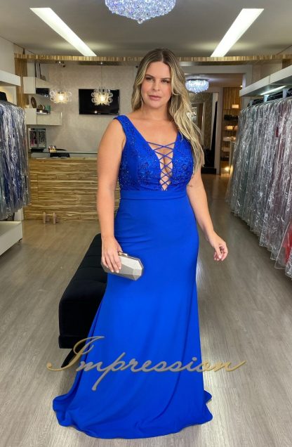 Vestido de Festa Longo Plus Size Azul Royal Bordado - Imagem 2