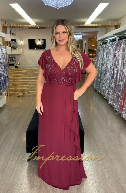 Vestido de Festa Longo Plus Size Marsala Bordado - Imagem 2
