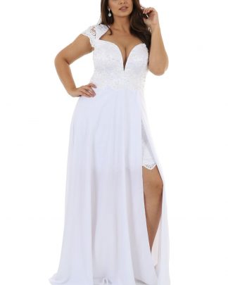 Vestido de Festa Longo Plus Size Branco Saia Evase com Fenda