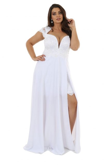 Vestido de Festa Longo Plus Size Branco Saia Evase com Fenda