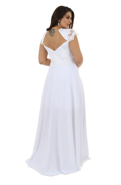 Vestido de Festa Longo Plus Size Branco Saia Evase com Fenda - Image 3