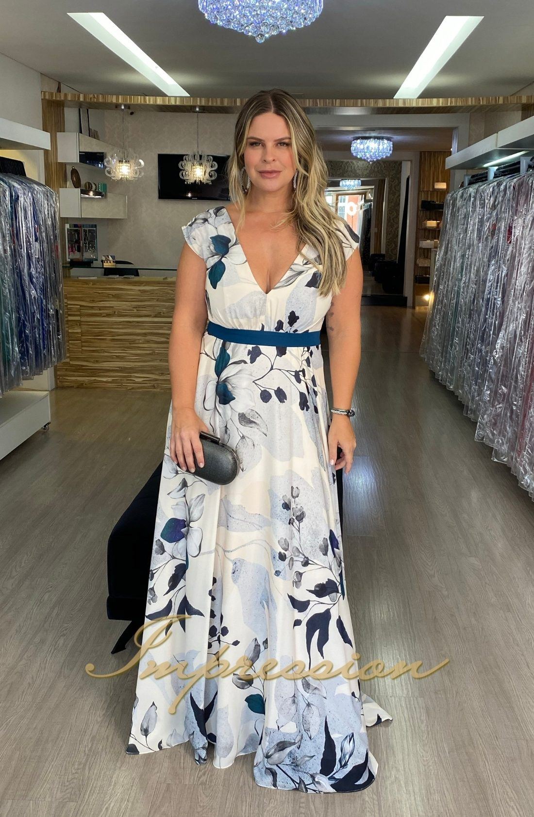 Vestido de Festa Longo Plus Size Floral Azul - Impression Modas