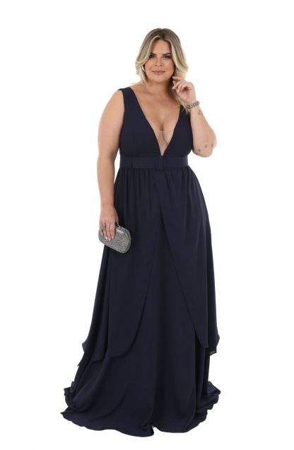 Vestido de Festa Longo Plus Size Marinho em Musseline