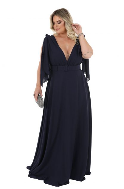 Vestido de Festa Longo Plus Size Marinho em Musseline - Image 3