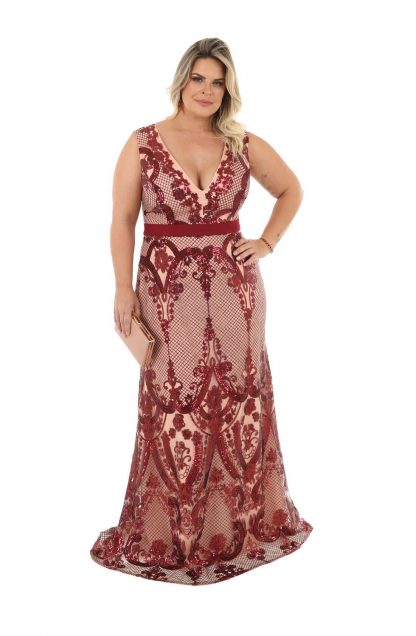 Vestido de Festa Longo Plus Size Marsala Bordado