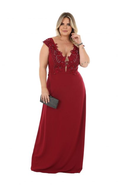 Vestido de Festa Longo Plus Size Marsala Detalhe Bordado