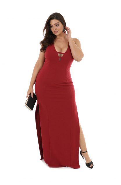 Vestido de Festa Longo Plus Size Marsala em Crepe