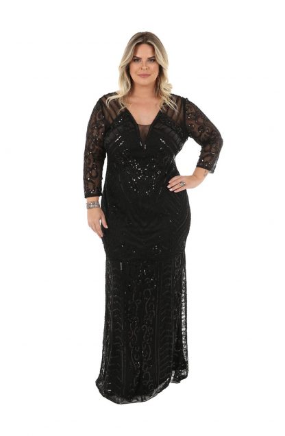 Vestido de Festa Longo Plus Size Preto Bordado
