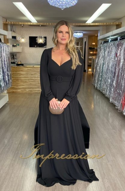 Vestido de Festa Longo Plus Size Preto Manga - Image 2