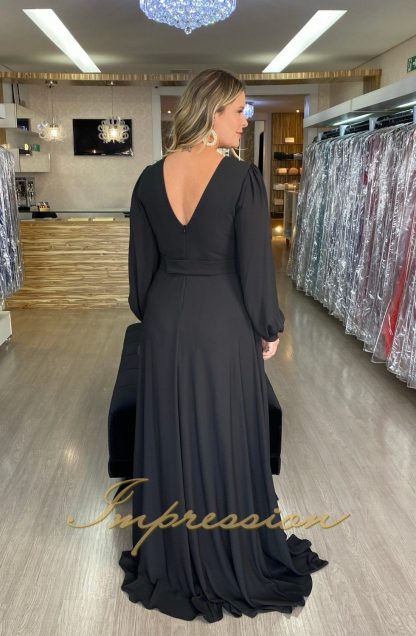 Vestido de Festa Longo Plus Size Preto Manga - Image 3