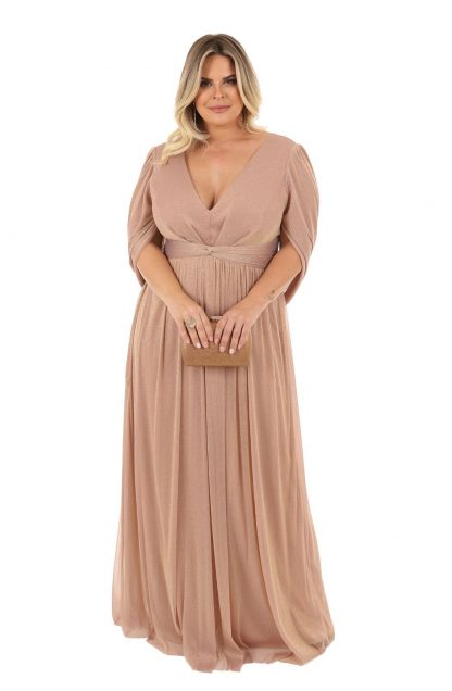 Vestido de Festa Longo Plus Size Rose com Fios Dourado