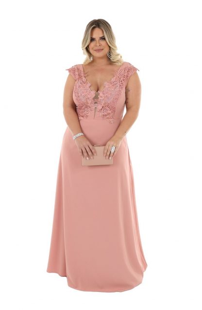 Vestido de Festa Longo Plus Size Rose Detalhe Bordado