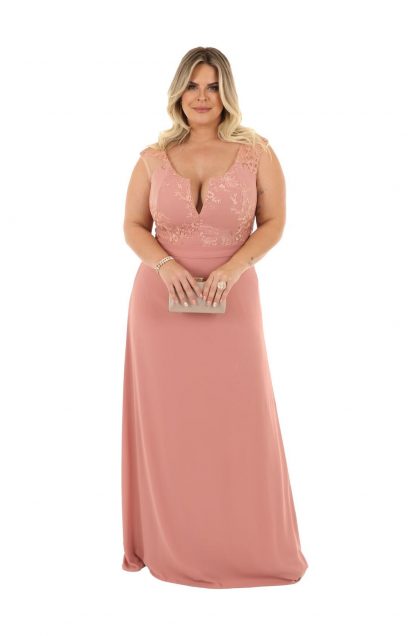 Vestido de Festa Longo Plus Size Rose Detalhe Renda