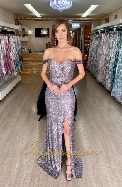 Vestido de Festa Longo Prata em Paetês com Fenda - Image 2