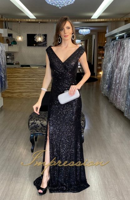 Vestido de Festa Longo Preto em Paetes - Image 2