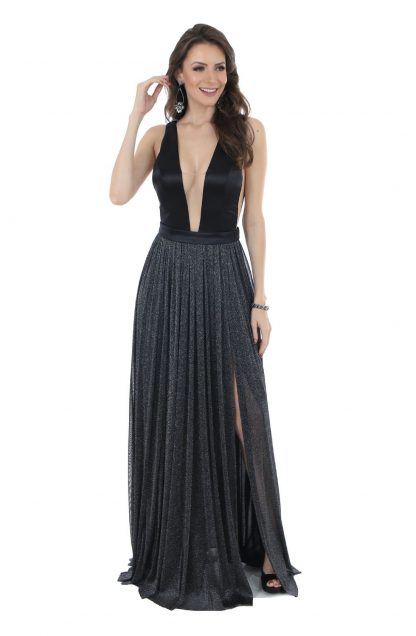 Vestido de Festa Longo Preto Lurex
