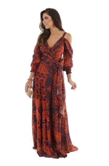 Vestido de Festa Longo Roxo Estampado