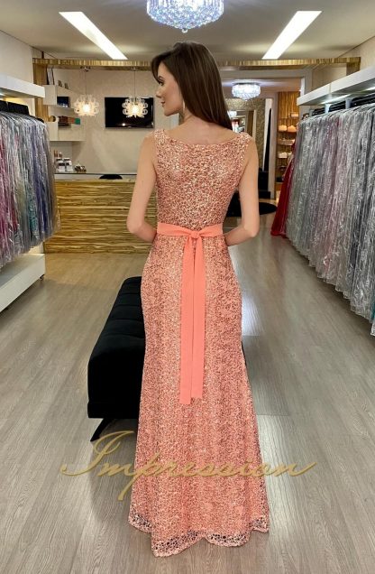 Vestido de Festa Longo Salmão Trama em Paetês - Imagem 2