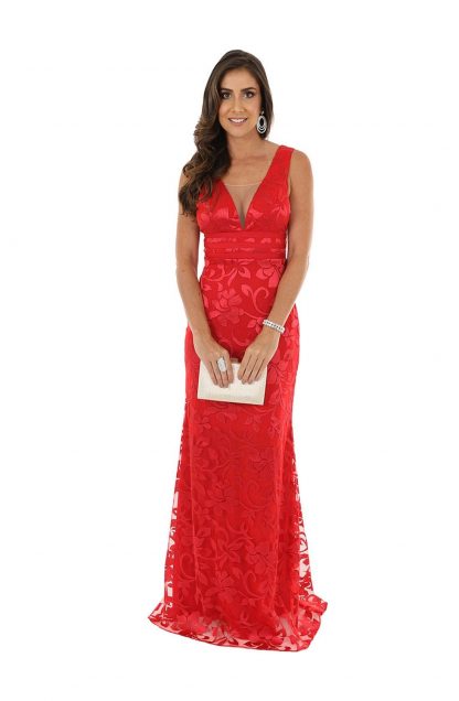 Vestido de Festa Longo Vermelho Renda