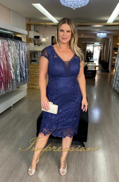 Vestido de Festa Midi Plus Size Azul  Marinho