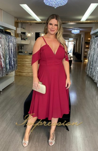 Vestido de Festa Midi Plus Size Marsala